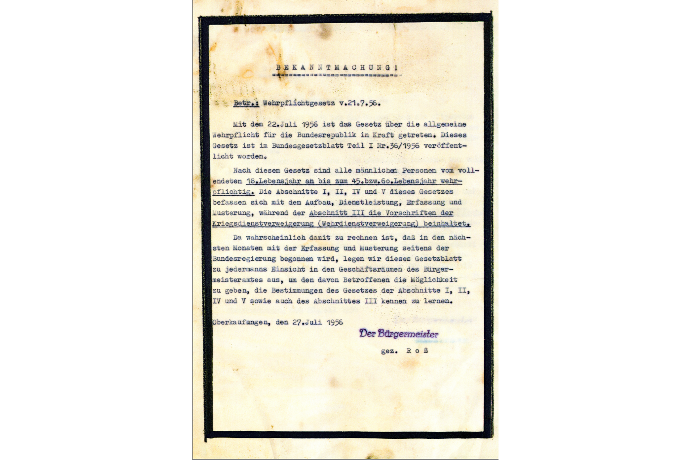 Bekanntmachung zum Wehrpflichtgesetz vom 21.7.1956