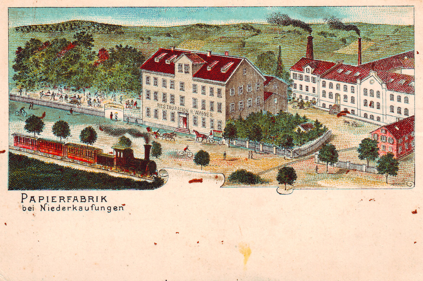 Papierfabrik mit Gaststätte am Bahnhof um 1900