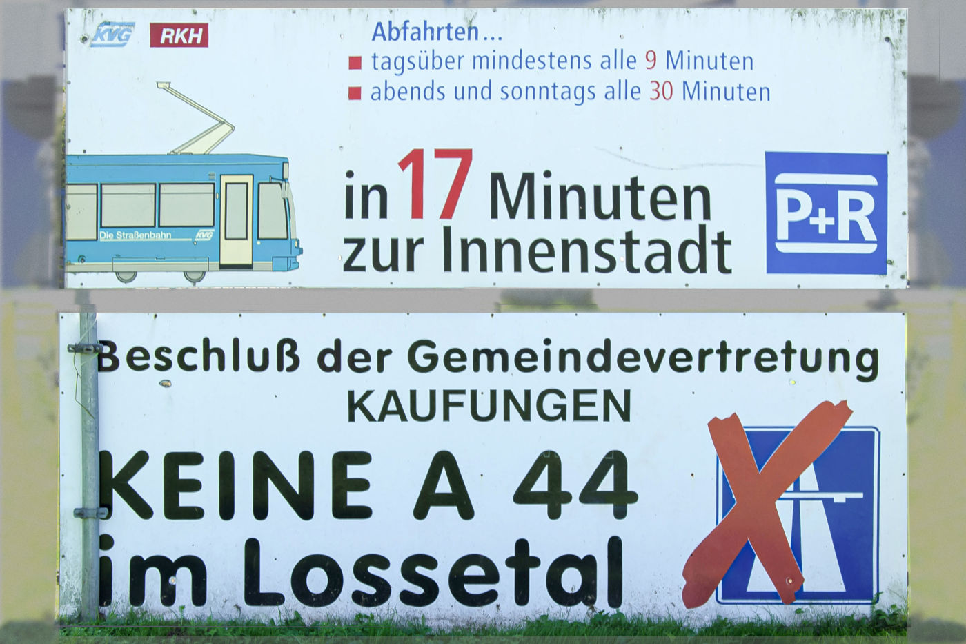 2011: Protestplakat am Ortseingang gegen den Autobahnbau im Lossetal
